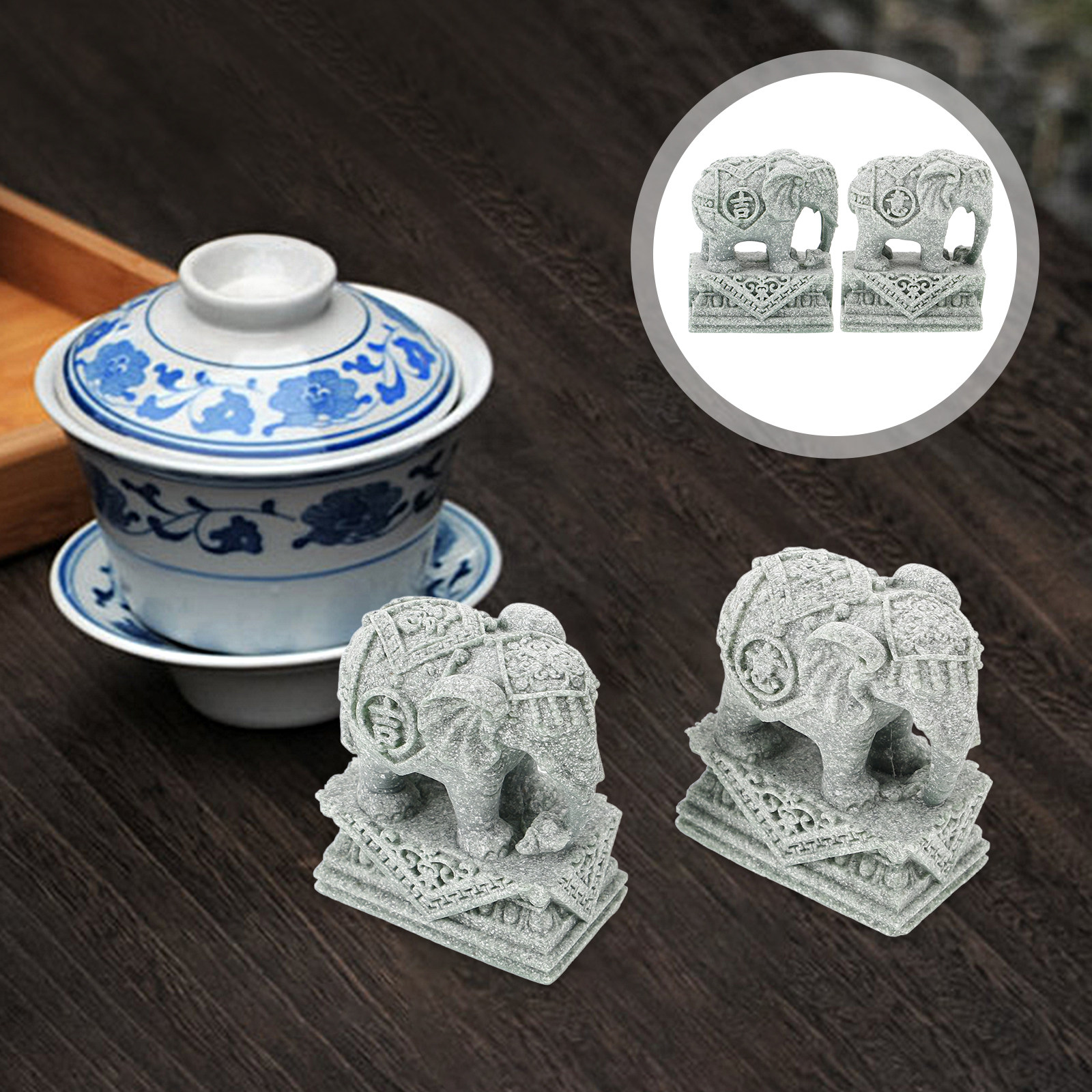 Desk Setup Living Room - 1Pair Sandstone Elephant Sculpture Traditional Chinese