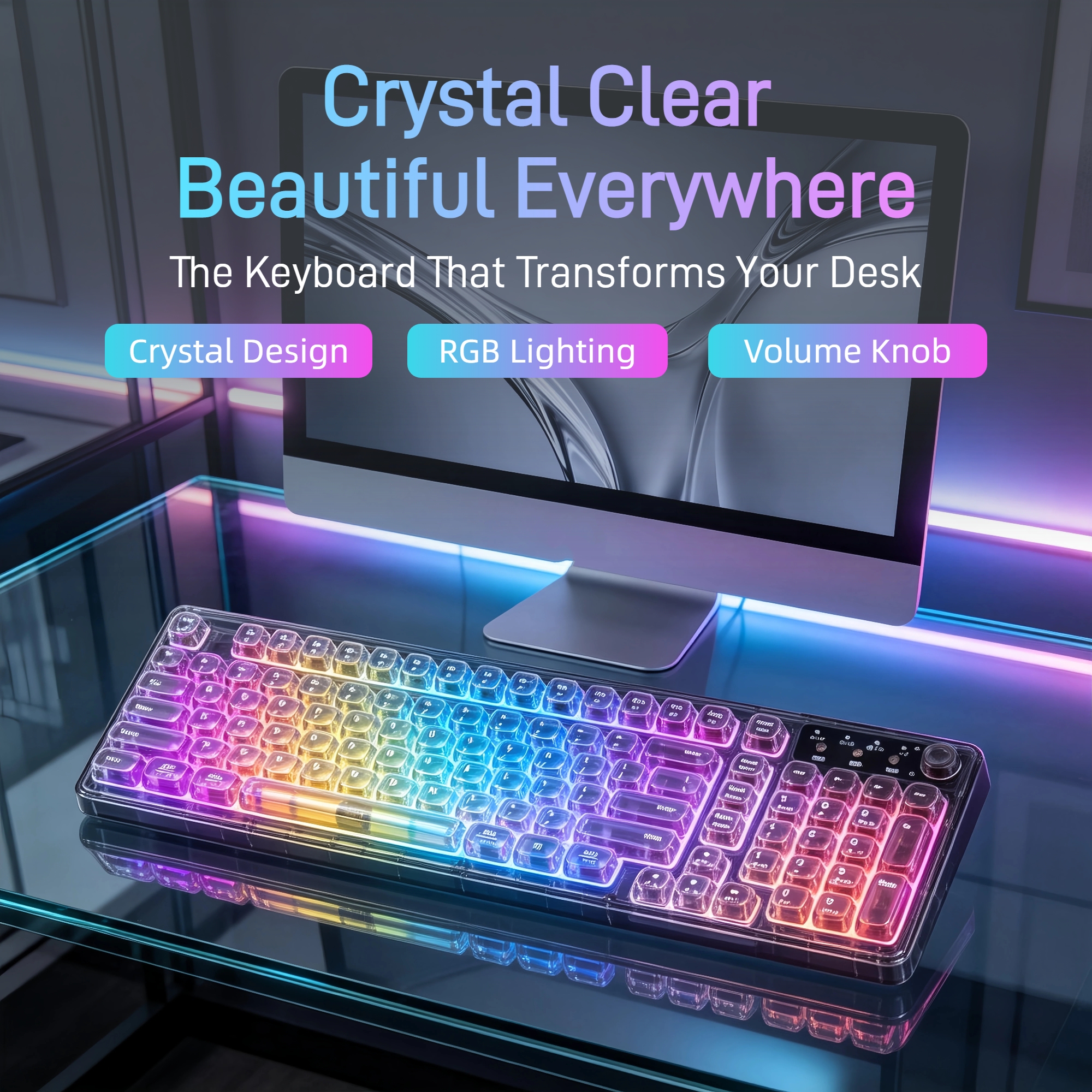 Work Desk Home Setup - Crystal RGB Keyboard, 99-Key Wireless Mechanical
