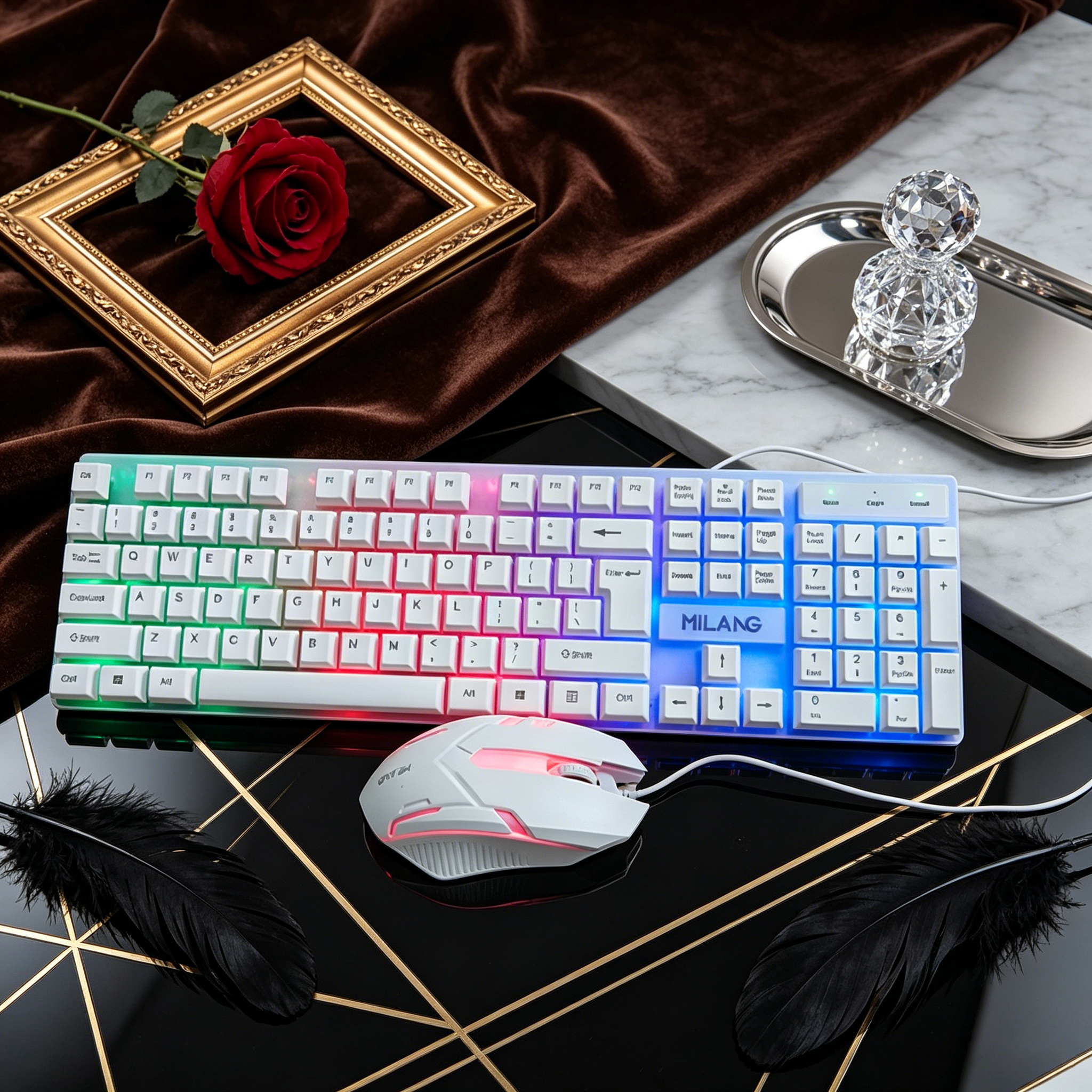 Work Desk Home Setup - Wired RGB Backlit Keyboard Mouse Set,Ergonomic