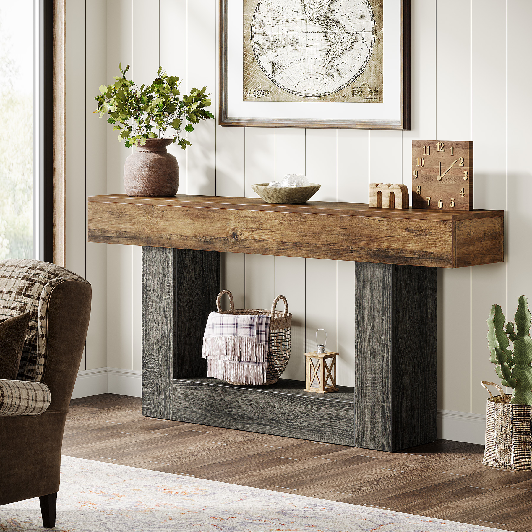 Desk Setup Modern - LITTLE TREE 2-Tier Console Table, Farmhouse