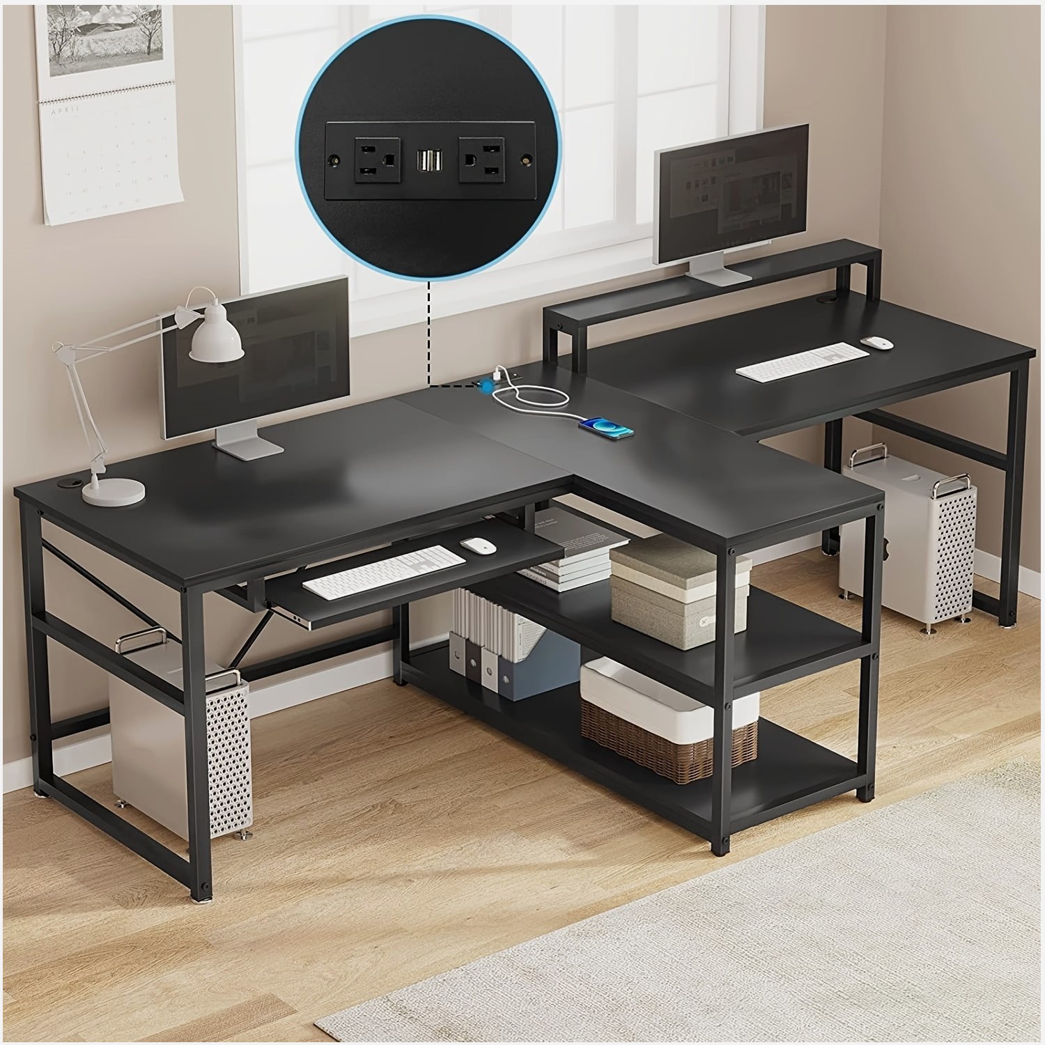 Desk Setup With Keyboard Tray - 94.5-inch Dual-User Gaming Desk with Built-in
