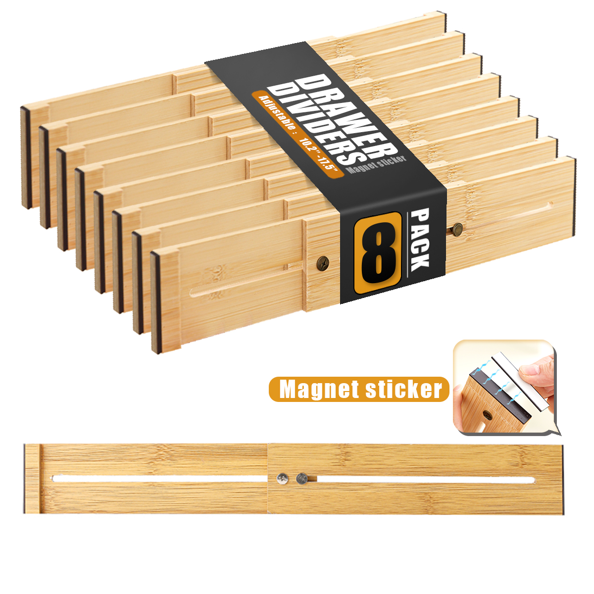 Drawer Organizer Bamboo - 8pcs Drawer Dividers - Bamboo, Magnetic