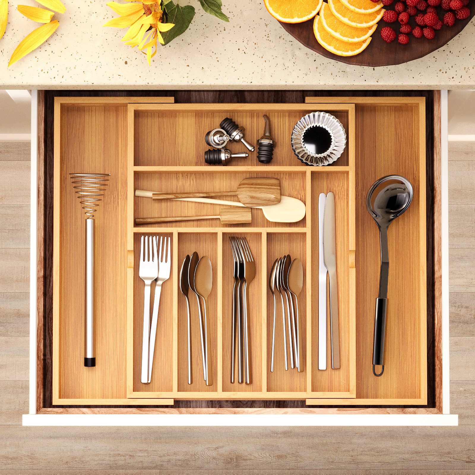 Drawer Organizer Bamboo - Multi-grid Kitchen Tableware Pull-out Retractable Drawer