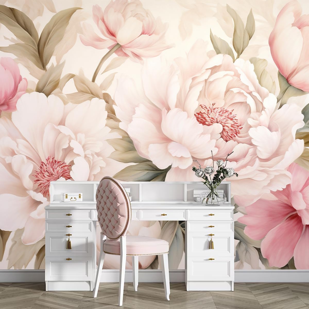 Elegant Peony Floral Mural Wal – обзор и цена Desk Setup Modern